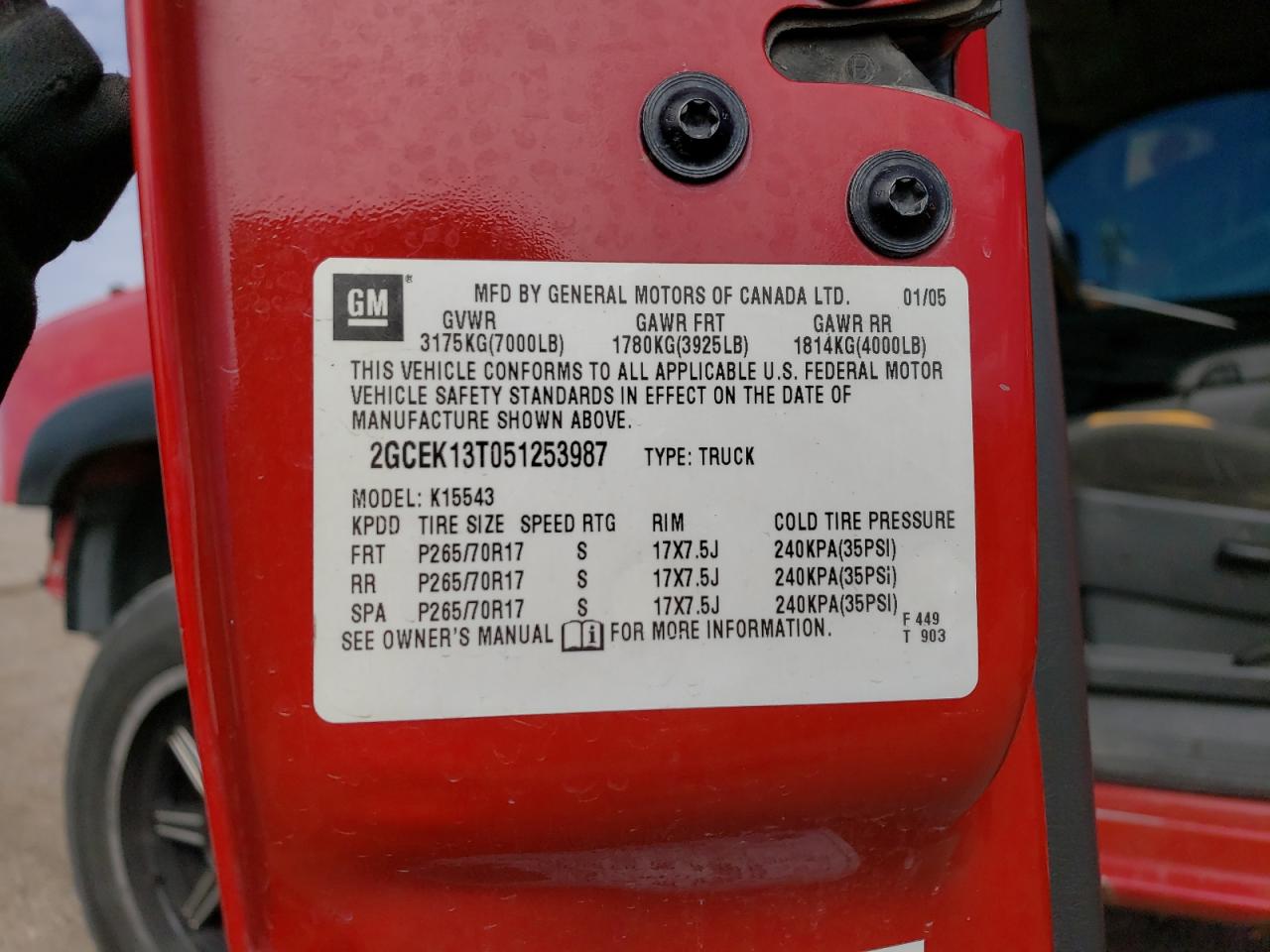 2GCEK13T051253987 2005 Chevrolet Silverado K1500