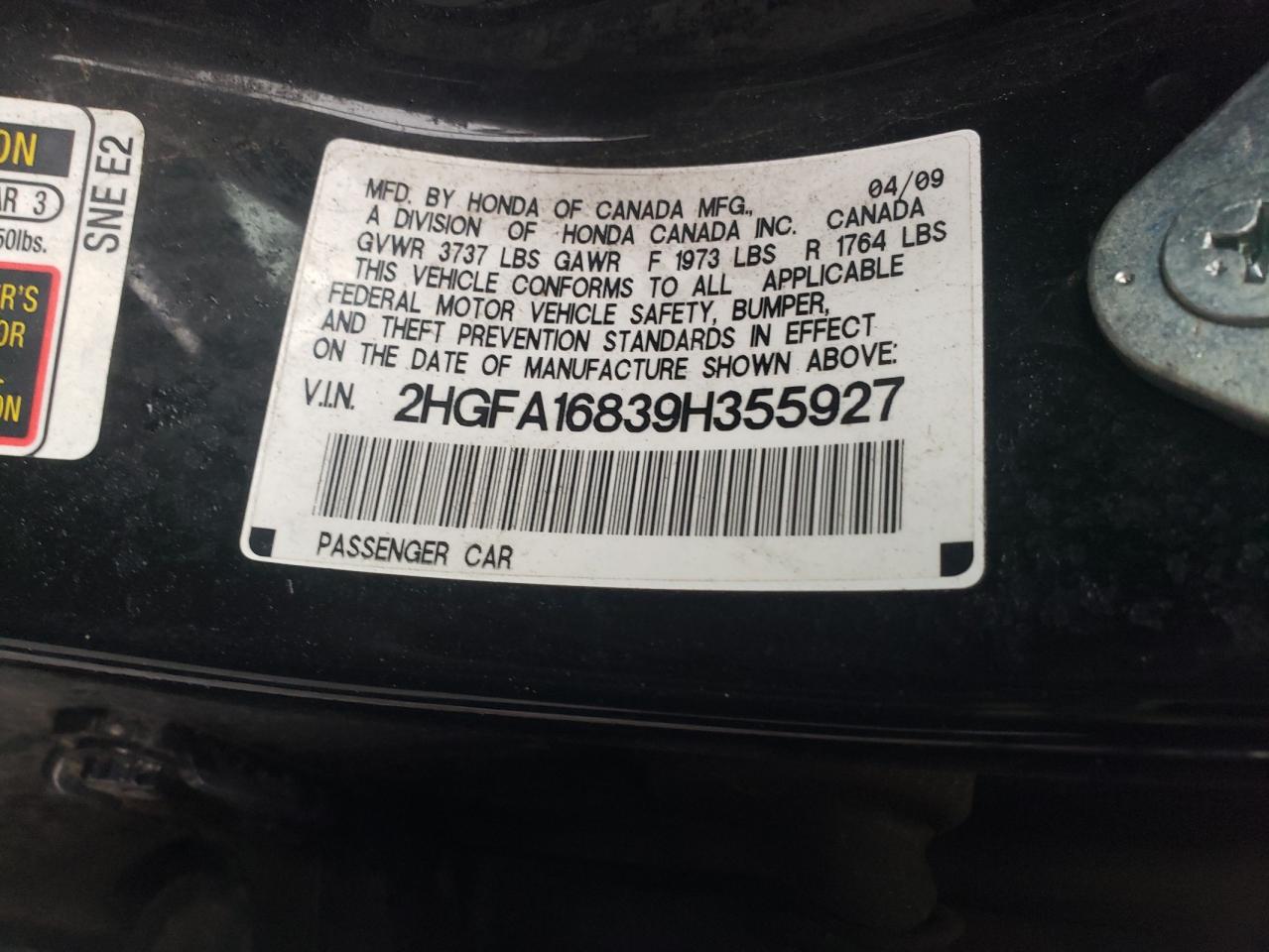 2HGFA16839H355927 2009 Honda Civic Ex