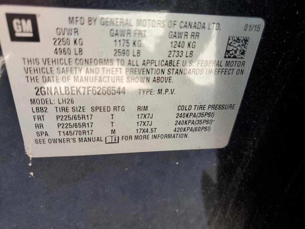 2GNALBEK7F6266544 2015 Chevrolet Equinox Lt