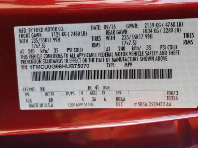 2017 Ford Escape Se VIN: 1FMCU0G98HUB75070 Lot: 51363104