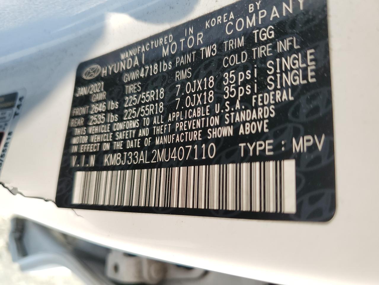 KM8J33AL2MU407110 2021 Hyundai Tucson Limited