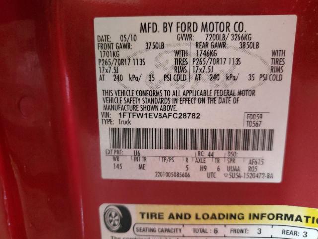 2010 Ford F150 Supercrew VIN: 1FTFW1EV8AFC28782 Lot: 50512404
