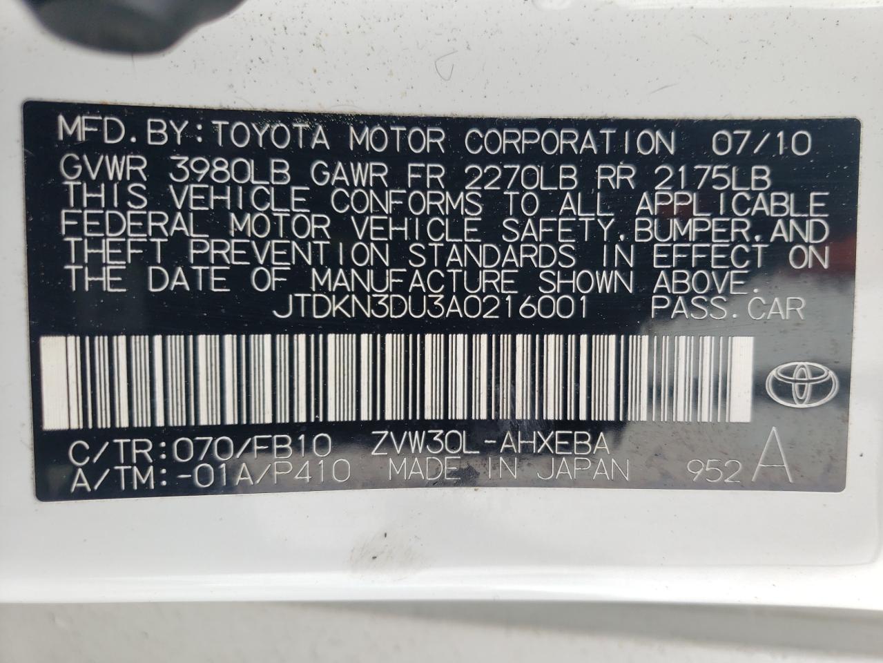 JTDKN3DU3A0216001 2010 Toyota Prius