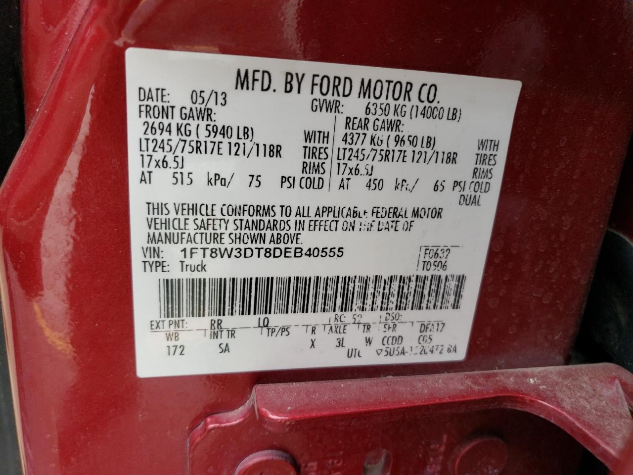 1FT8W3DT8DEB40555 2013 Ford F350 Super Duty
