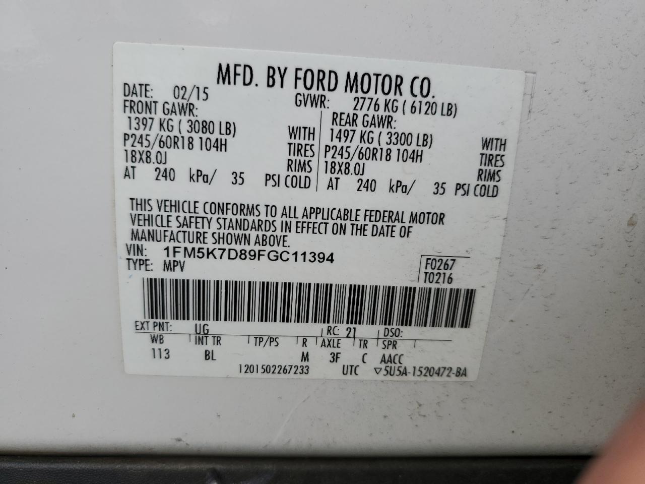 1FM5K7D89FGC11394 2015 Ford Explorer Xlt