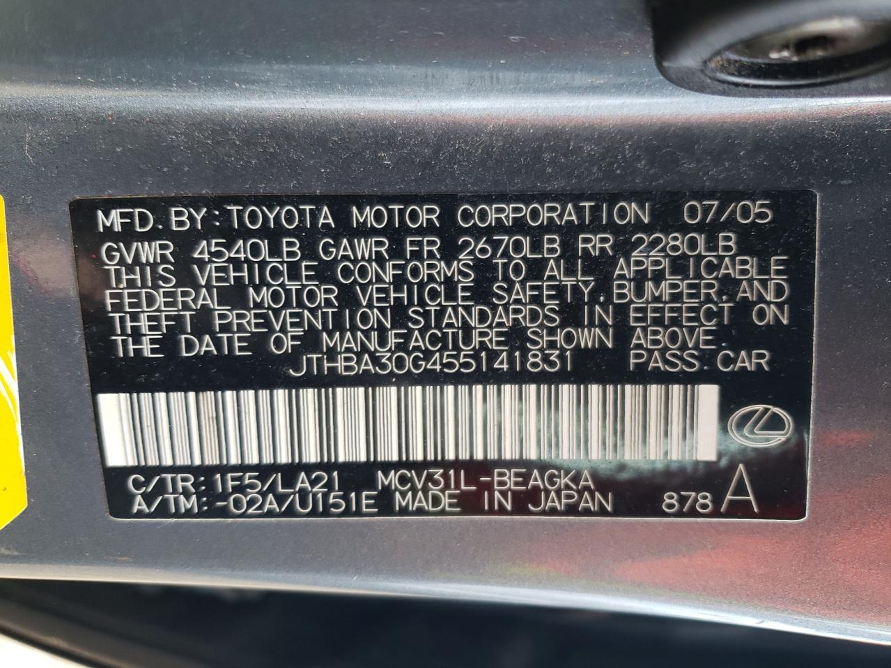 JTHBA30G455141831 2005 Lexus Es 330