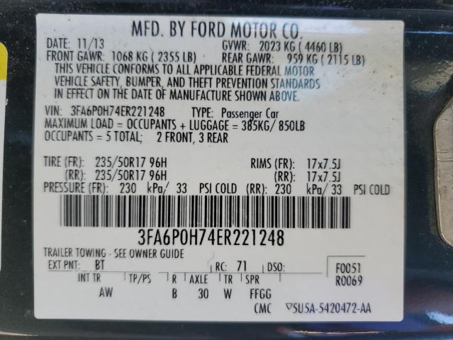 2014 Ford Fusion Se VIN: 3FA6P0H74ER221248 Lot: 49788084