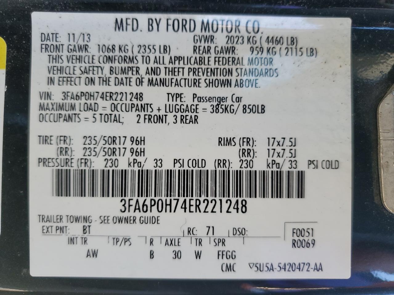 3FA6P0H74ER221248 2014 Ford Fusion Se