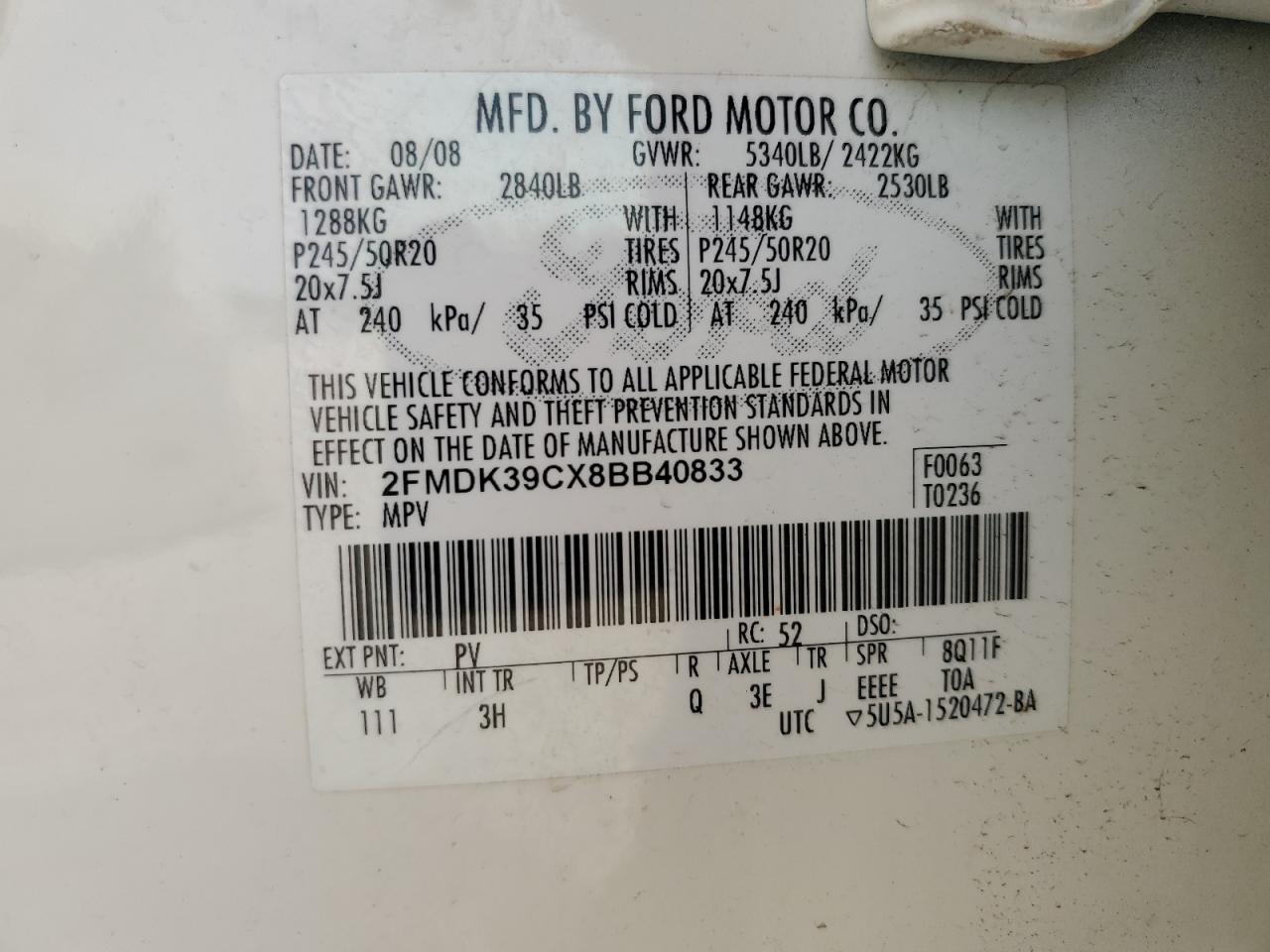 2FMDK39CX8BB40833 2008 Ford Edge Limited