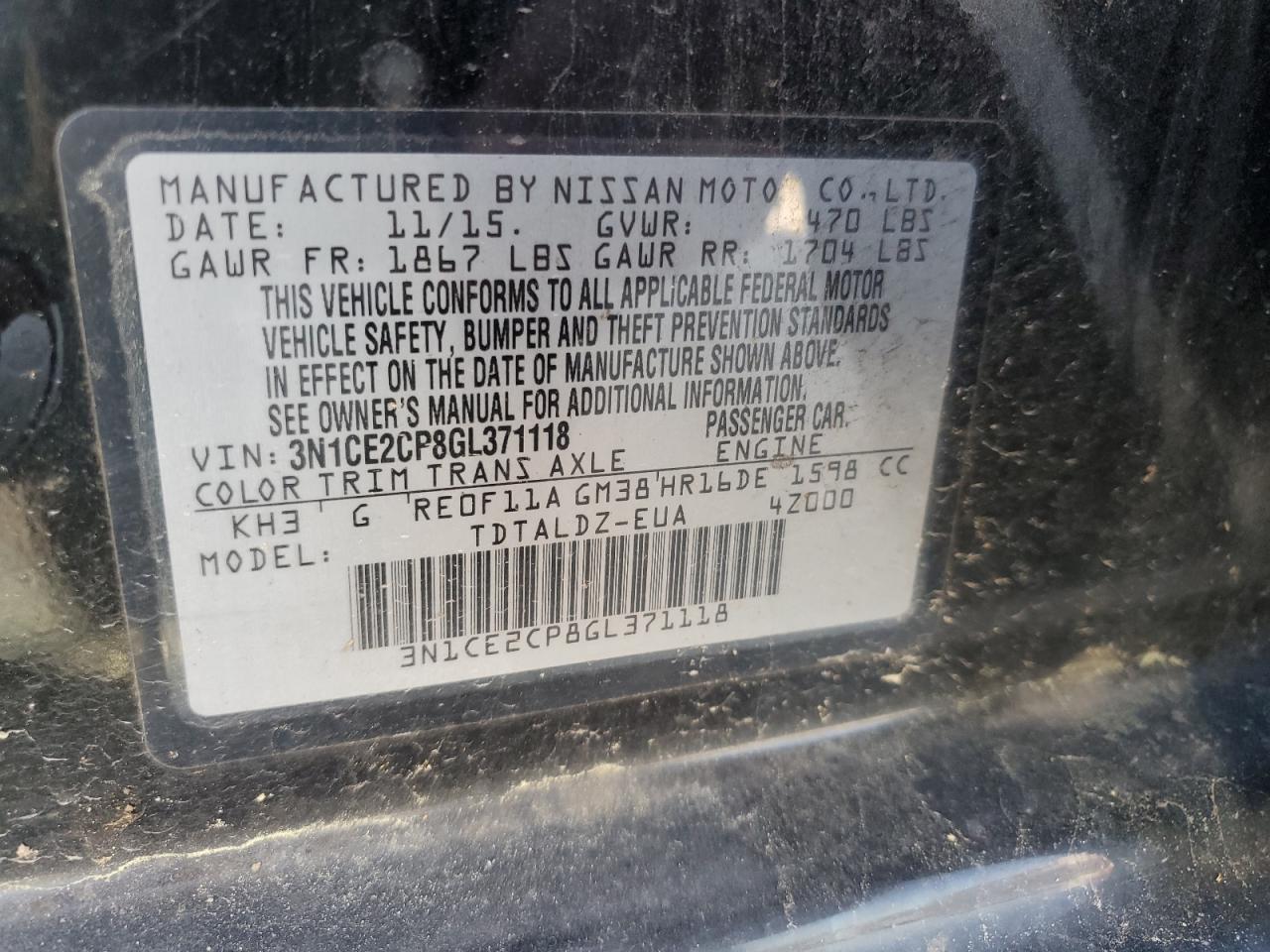 3N1CE2CP8GL371118 2016 Nissan Versa Note S