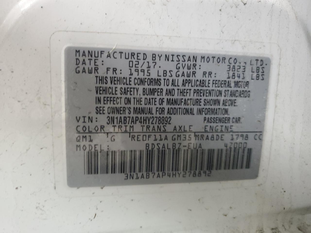 3N1AB7AP4HY278892 2017 Nissan Sentra S