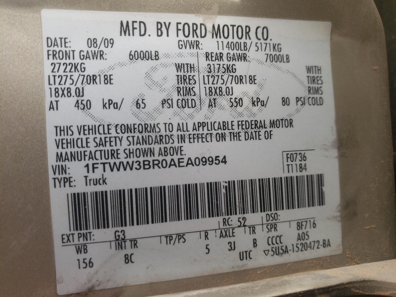 1FTWW3BR0AEA09954 2010 Ford F350 Super Duty