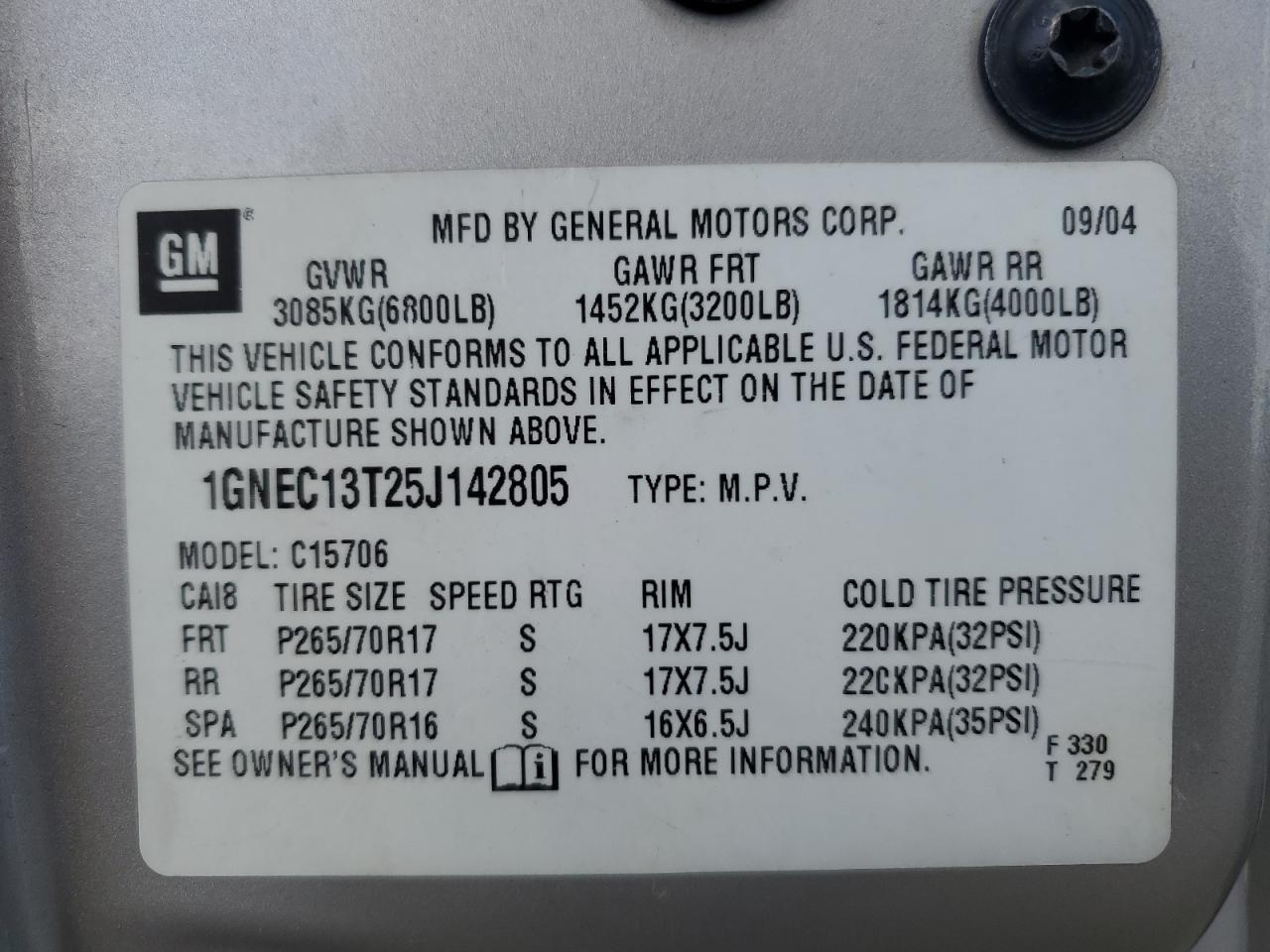 1GNEC13T25J142805 2005 Chevrolet Tahoe C1500