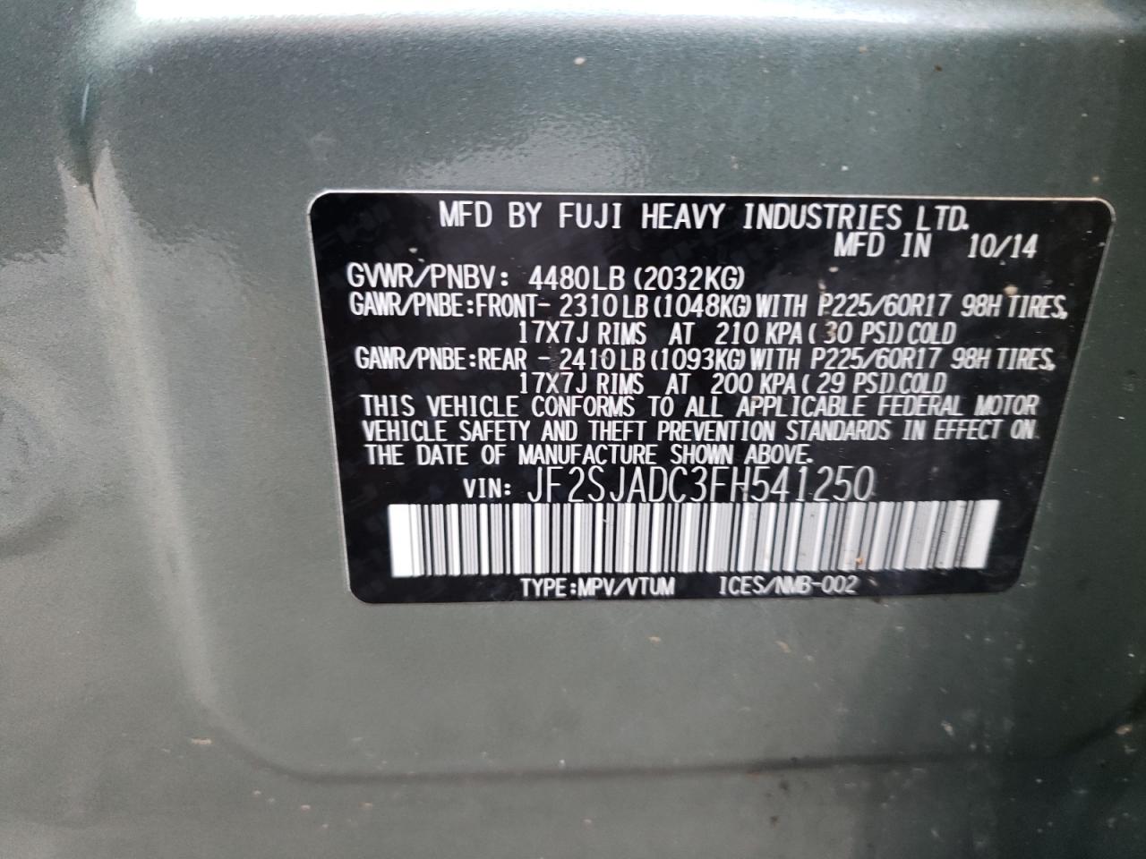 JF2SJADC3FH541250 2015 Subaru Forester 2.5I Premium