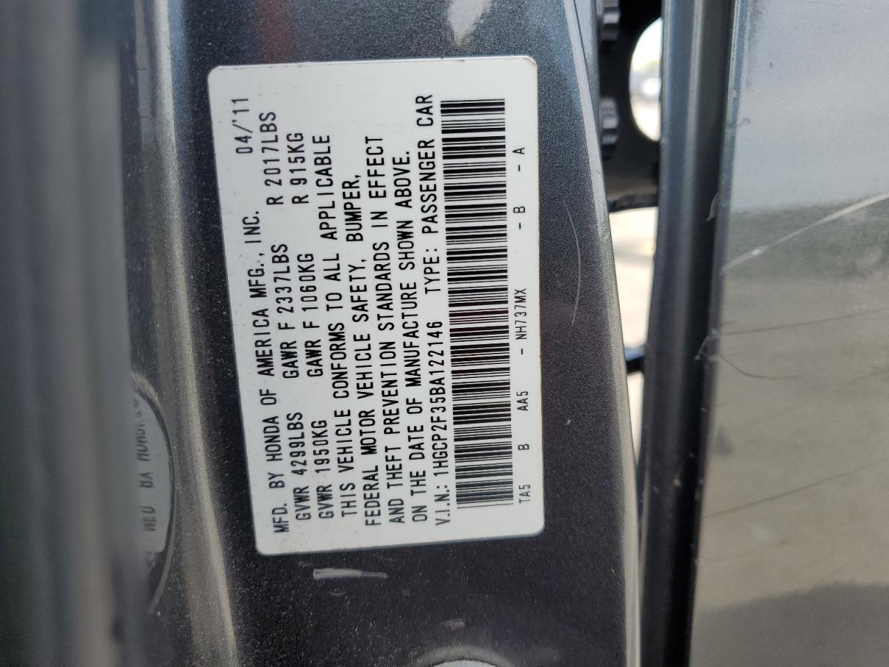 1HGCP2F35BA122146 2011 Honda Accord Lx