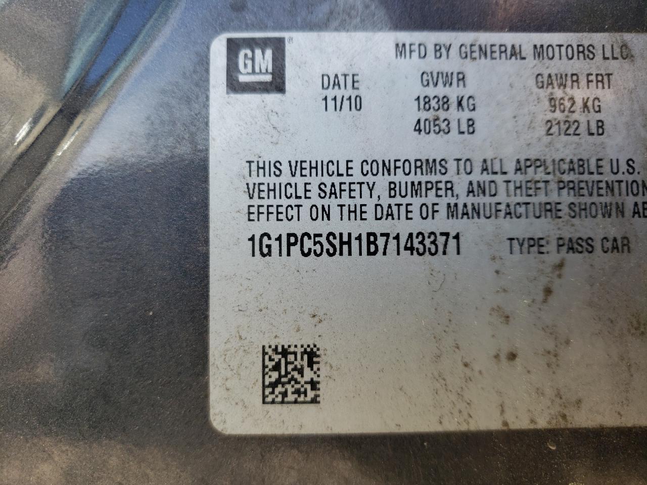 1G1PC5SH1B7143371 2011 Chevrolet Cruze Ls