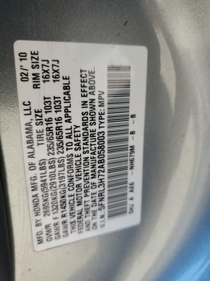 5FNRL3H72AB058003 2010 Honda Odyssey Exl