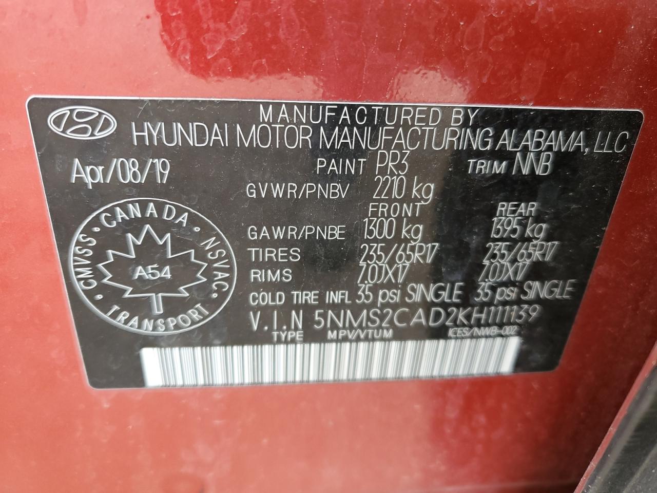 5NMS2CAD2KH111139 2019 Hyundai Santa Fe Se