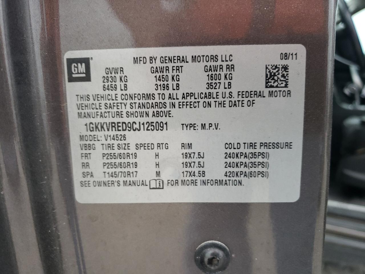 1GKKVRED9CJ125091 2012 GMC Acadia Slt-1