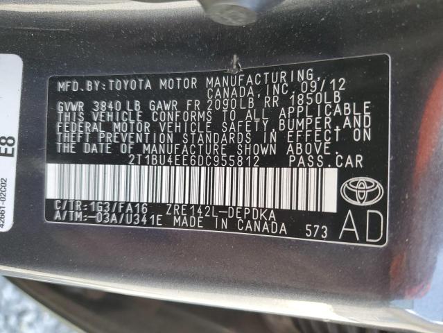 2013 Toyota Corolla Base VIN: 2T1BU4EE6DC955812 Lot: 52264534