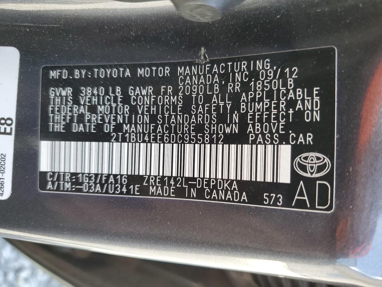 2T1BU4EE6DC955812 2013 Toyota Corolla Base