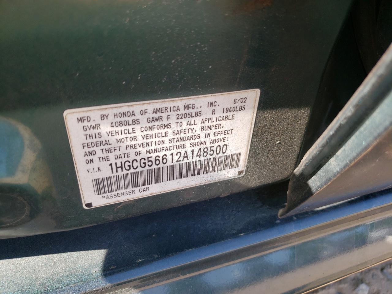 1HGCG56612A148500 2002 Honda Accord Ex