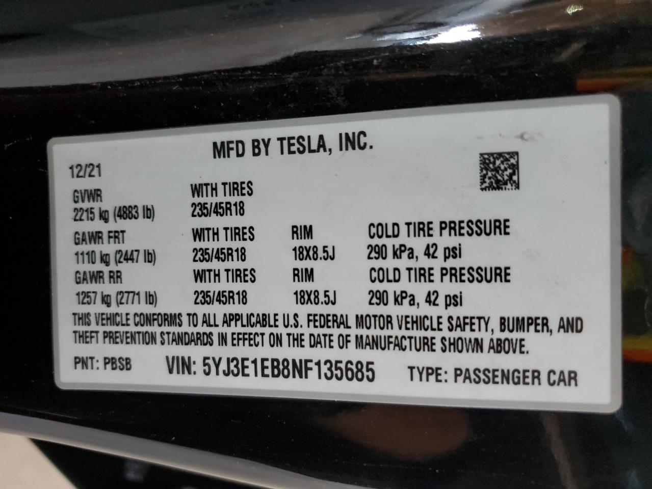 5YJ3E1EB8NF135685 2022 Tesla Model 3