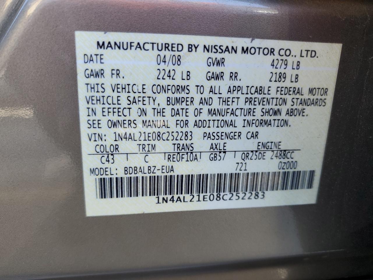 1N4AL21E08C252283 2008 Nissan Altima 2.5