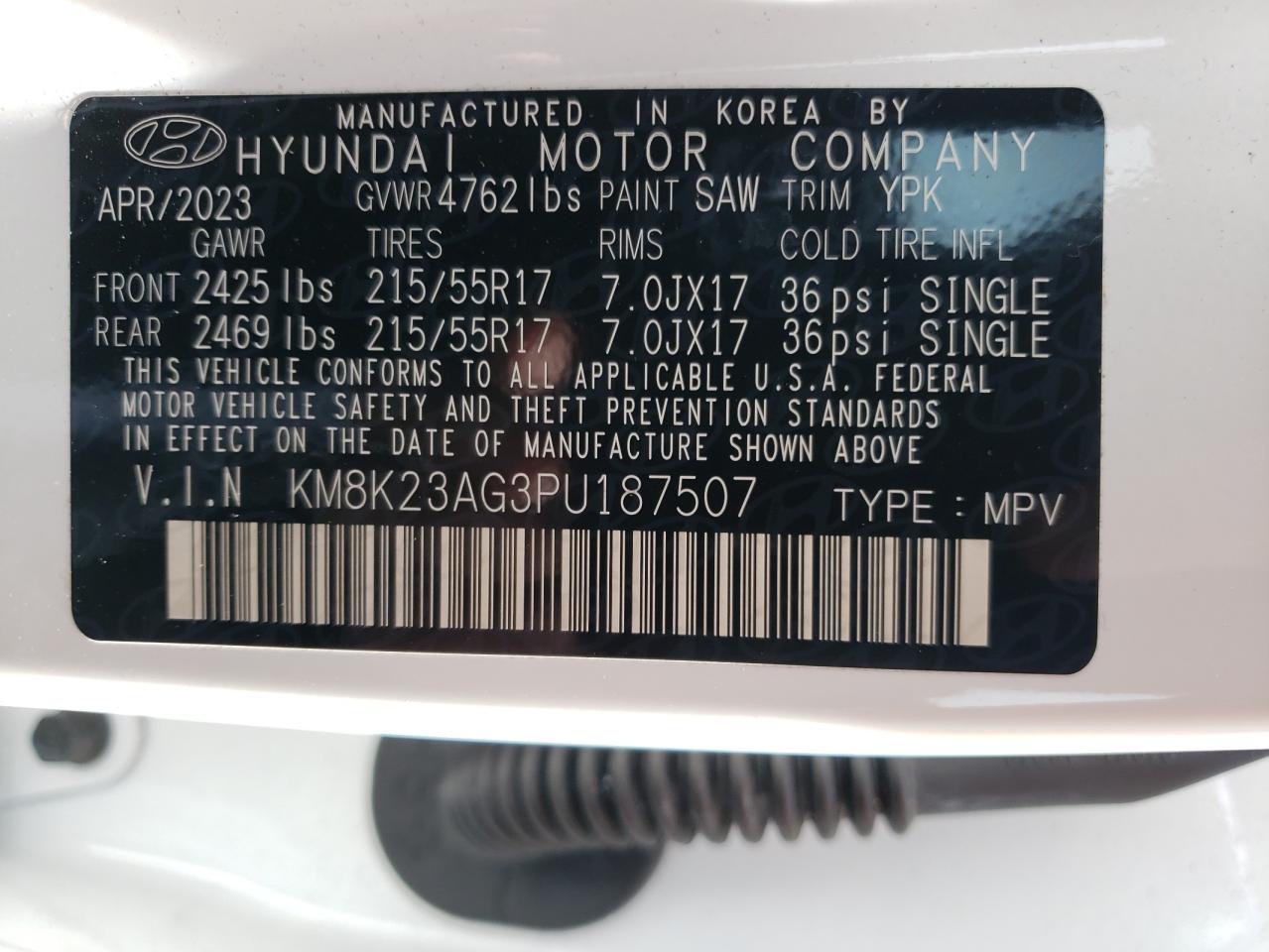 KM8K23AG3PU187507 2023 Hyundai Kona Se