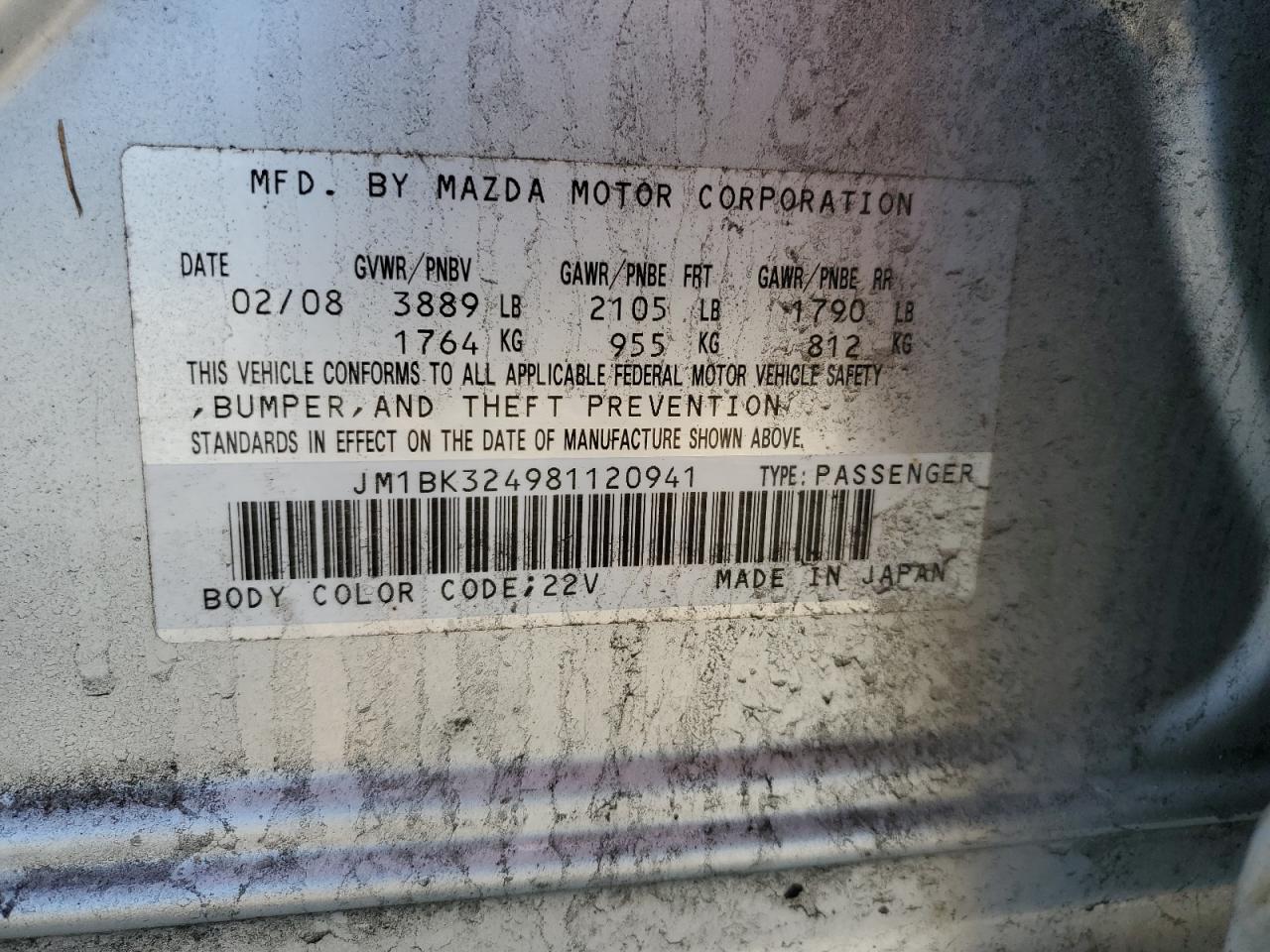 JM1BK324981120941 2008 Mazda 3 S