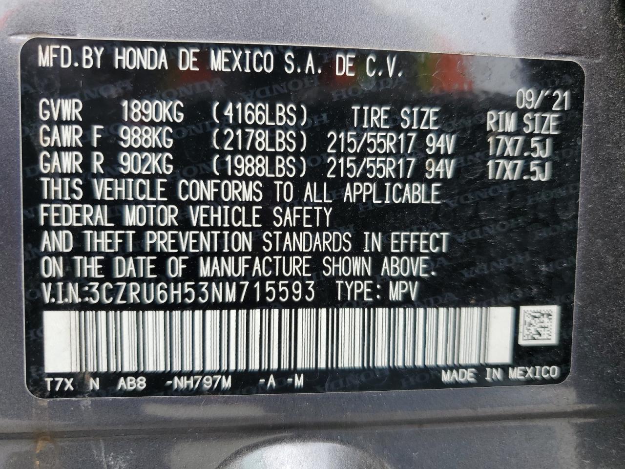 3CZRU6H53NM715593 2022 Honda Hr-V Ex