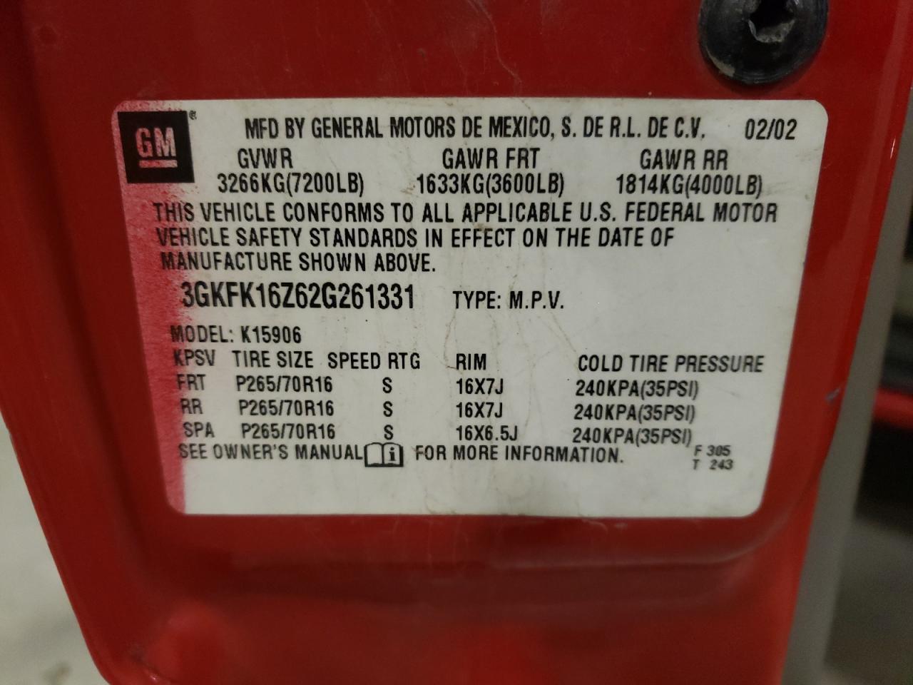 3GKFK16Z62G261331 2002 GMC Yukon Xl K1500