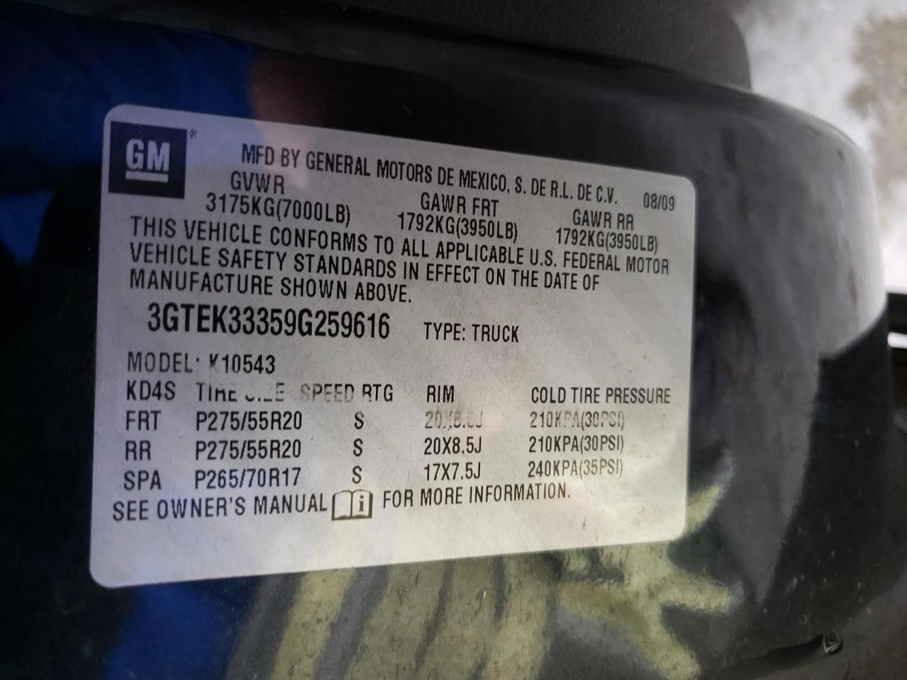 3GTEK33359G259616 2009 GMC Sierra K1500 Slt