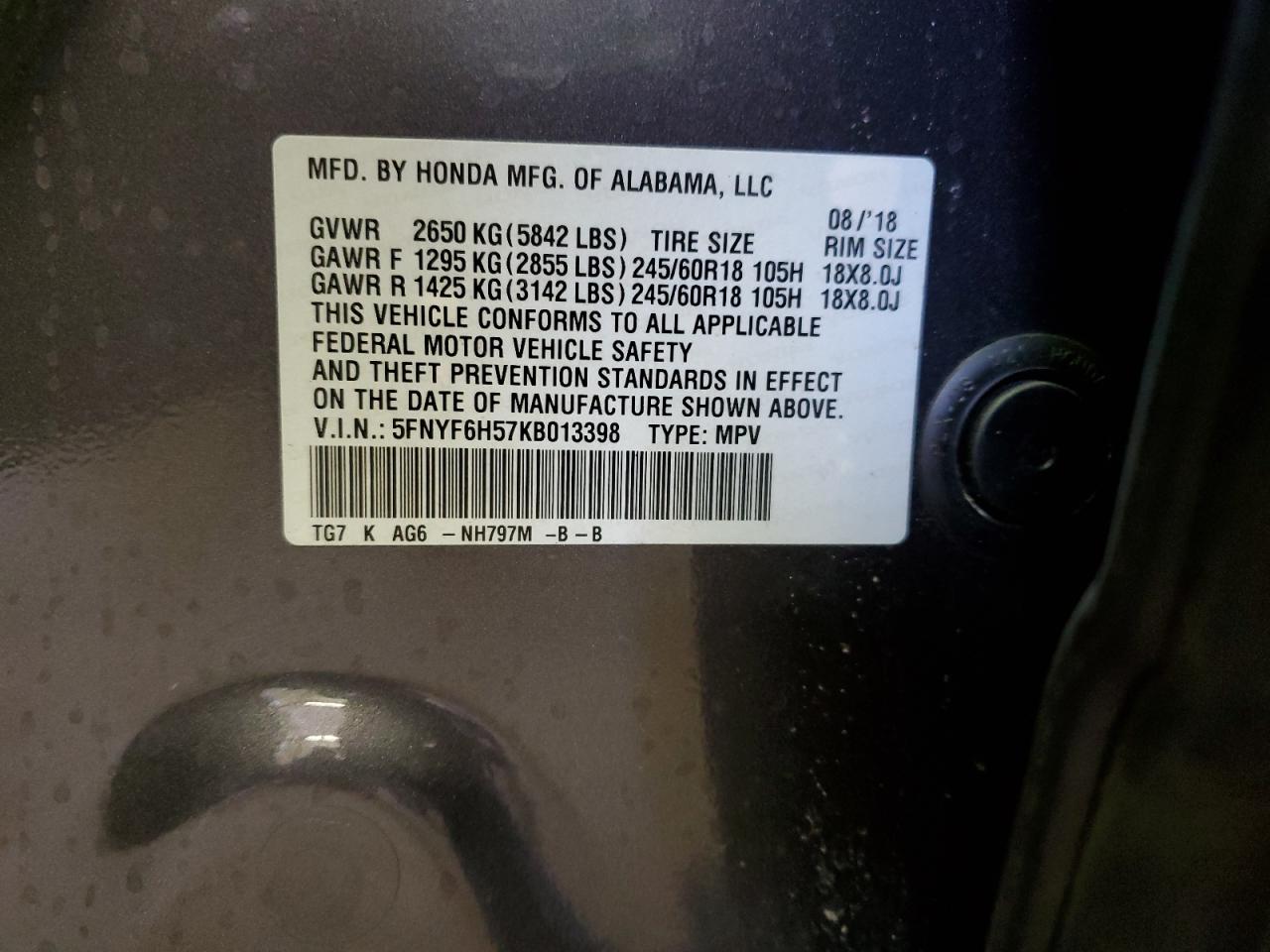 5FNYF6H57KB013398 2019 Honda Pilot Exl