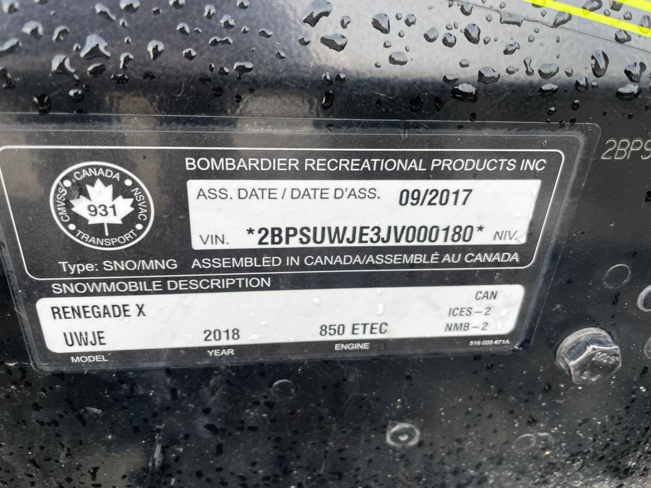 2BPSUWJE3JV000180 2018 Ski Doo Renegade