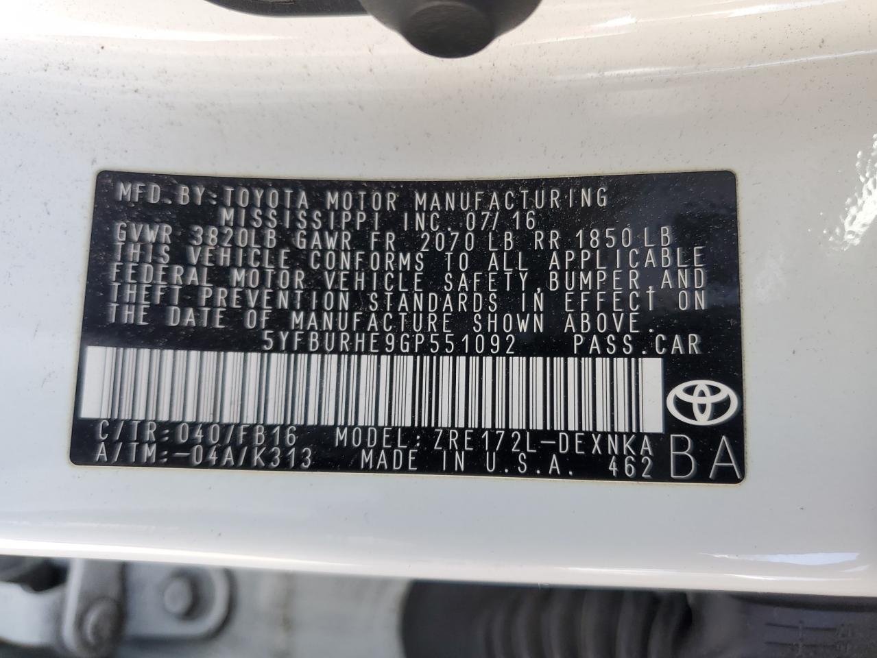 5YFBURHE9GP551092 2016 Toyota Corolla L