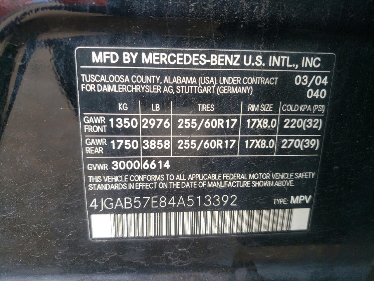 4JGAB57E84A513392 2004 Mercedes-Benz Ml 350