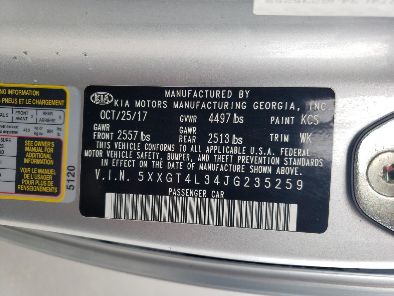 5XXGT4L34JG235259 2018 Kia Optima Lx