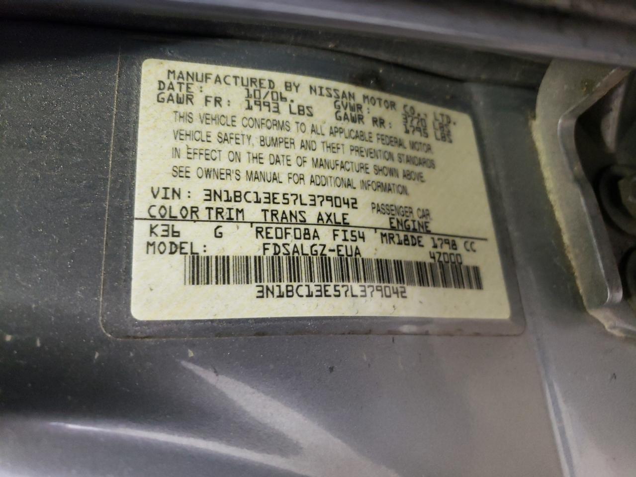 3N1BC13E57L379042 2007 Nissan Versa S