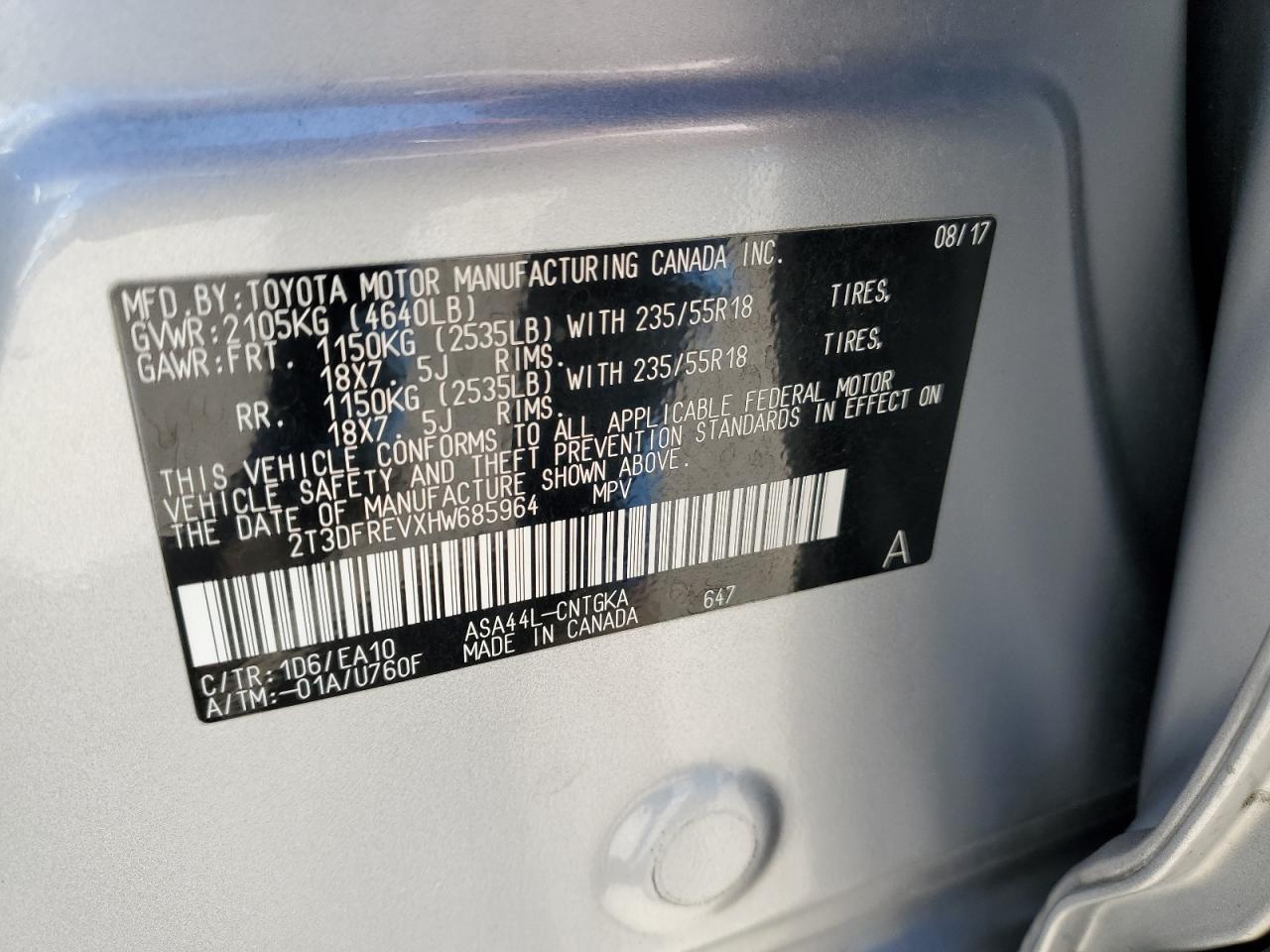 2T3DFREVXHW685964 2017 Toyota Rav4 Limited