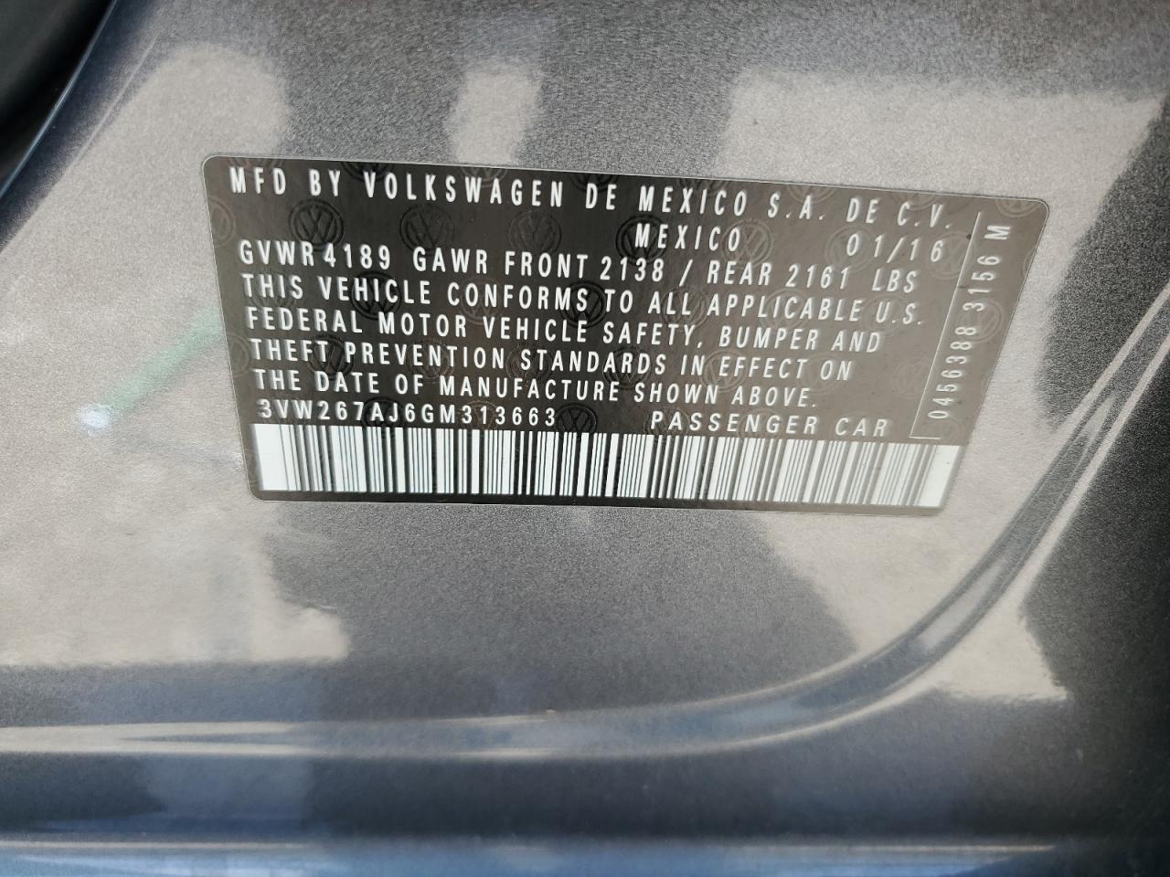 3VW267AJ6GM313663 2016 Volkswagen Jetta S