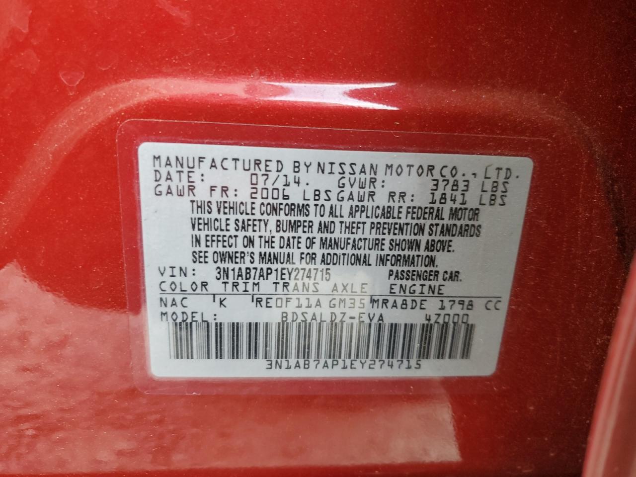 3N1AB7AP1EY274715 2014 Nissan Sentra S