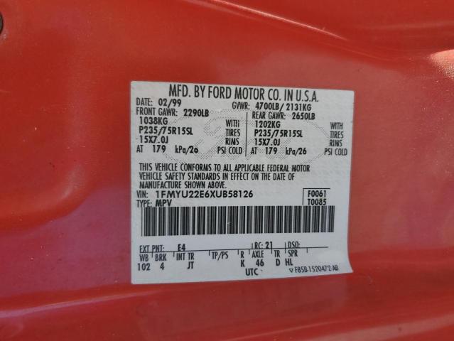 1999 Ford Explorer VIN: 1FMYU22E6XUB58126 Lot: 50610374