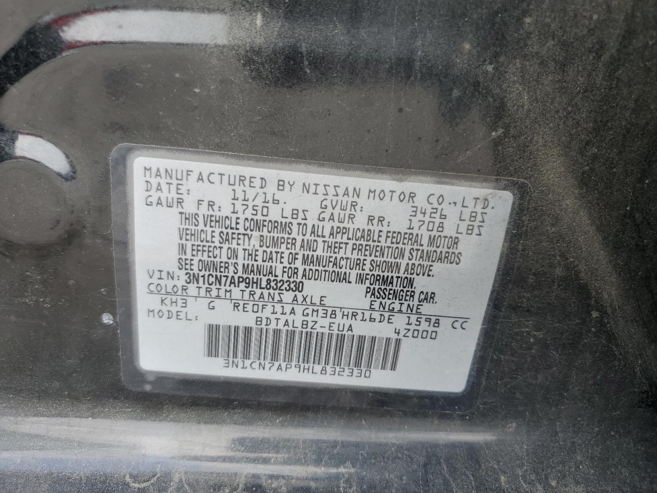 3N1CN7AP9HL832330 2017 Nissan Versa S