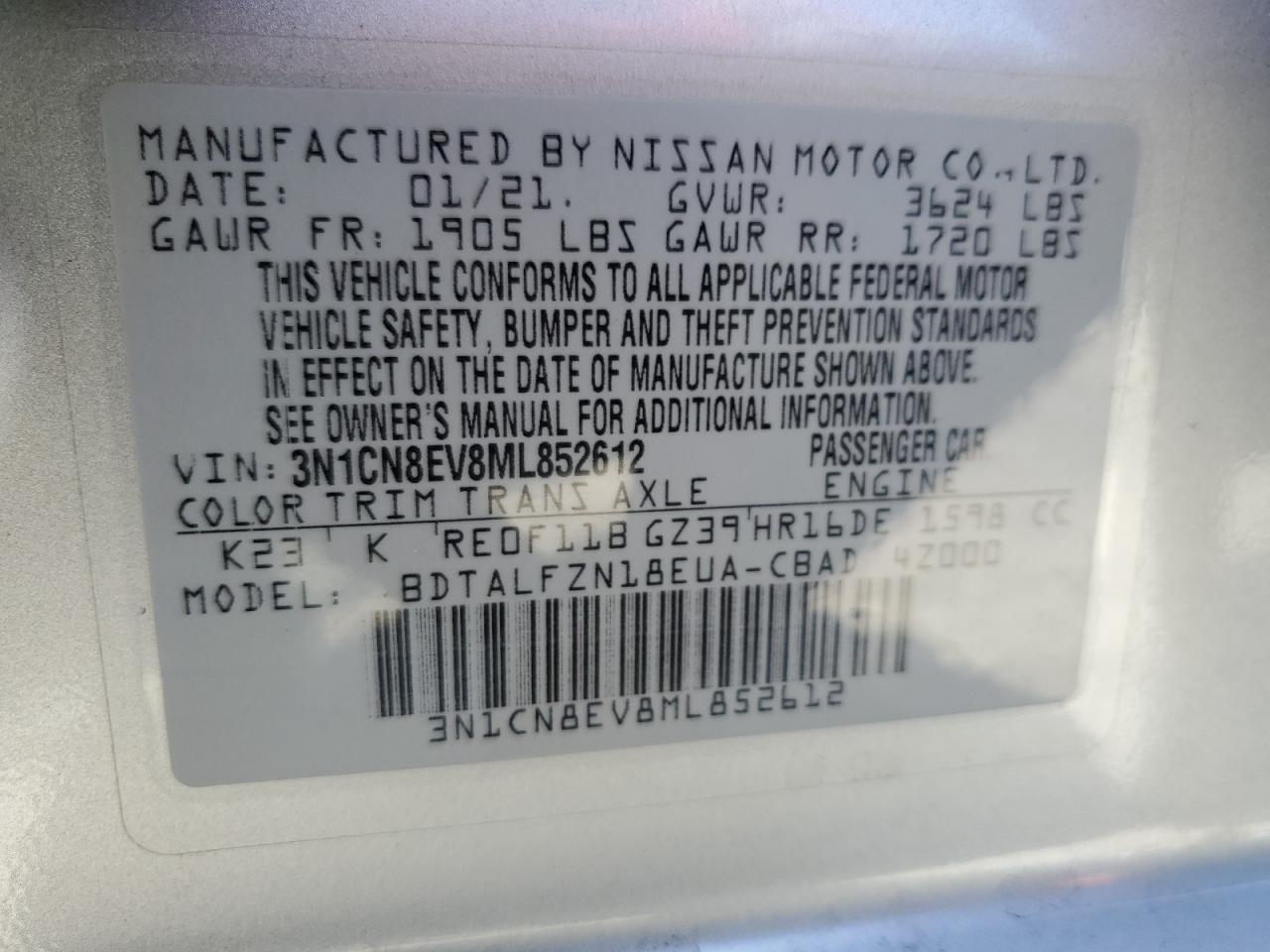 3N1CN8EV8ML852612 2021 Nissan Versa Sv