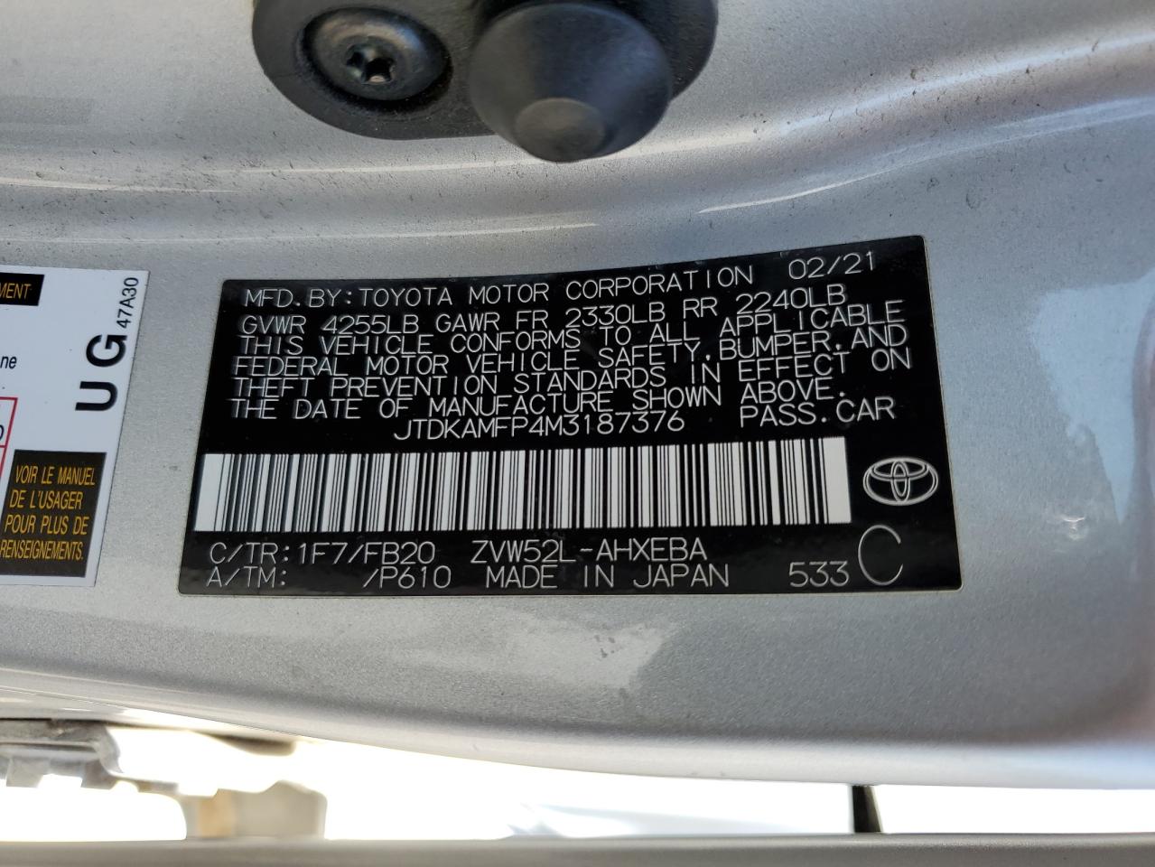 JTDKAMFP4M3187376 2021 Toyota Prius Prime Le