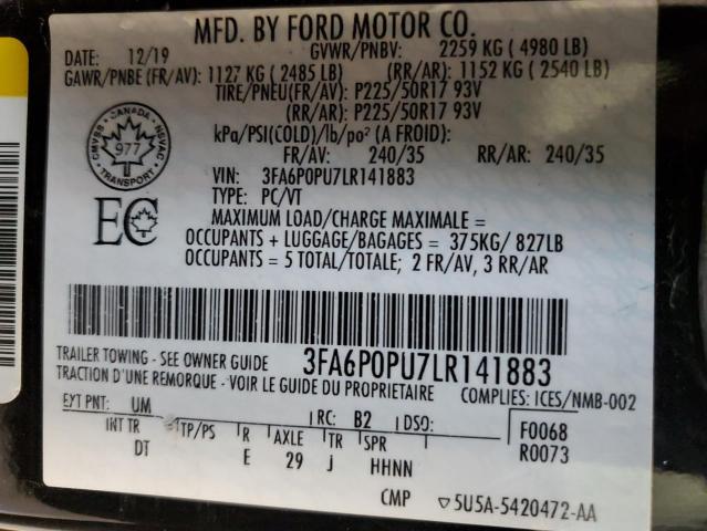 2020 Ford Fusion Sel VIN: 3FA6P0PU7LR141883 Lot: 51801344