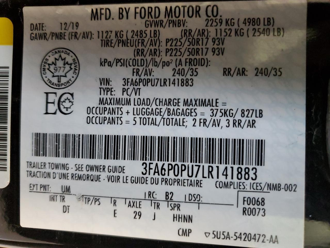 3FA6P0PU7LR141883 2020 Ford Fusion Sel