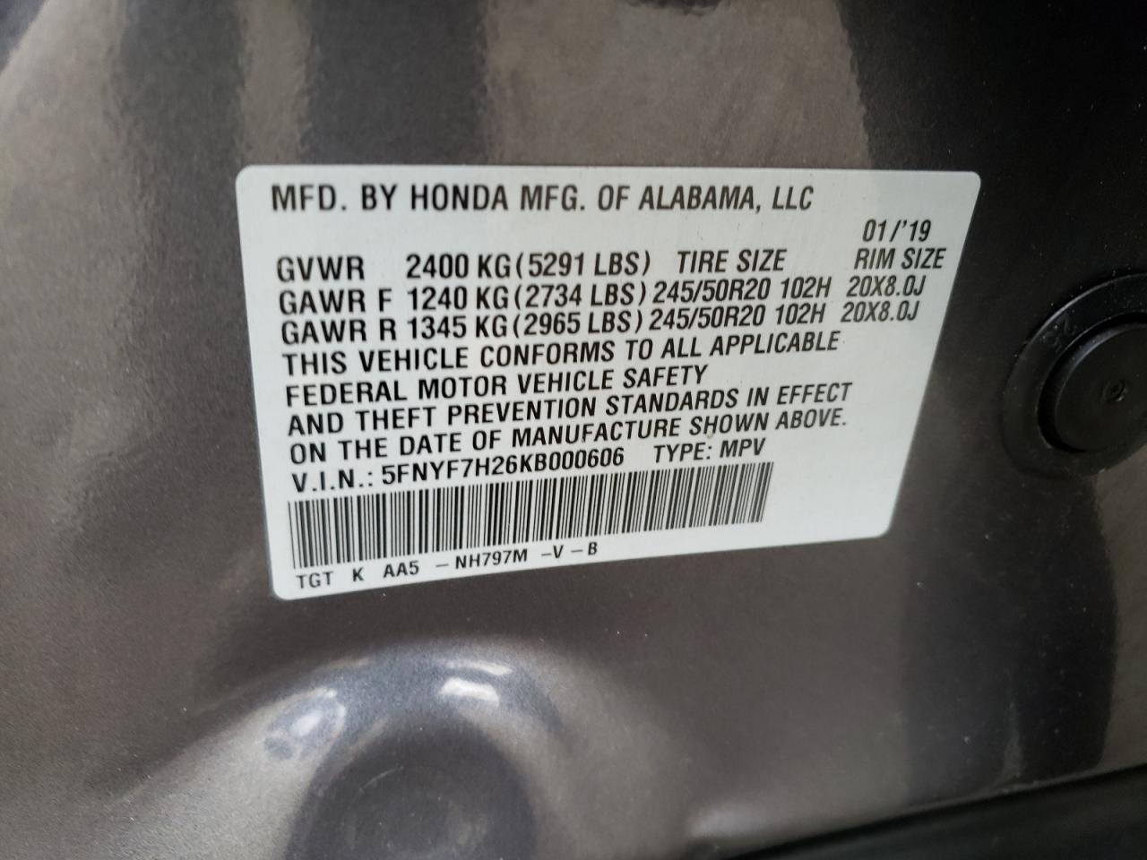 5FNYF7H26KB000606 2019 Honda Passport Sport