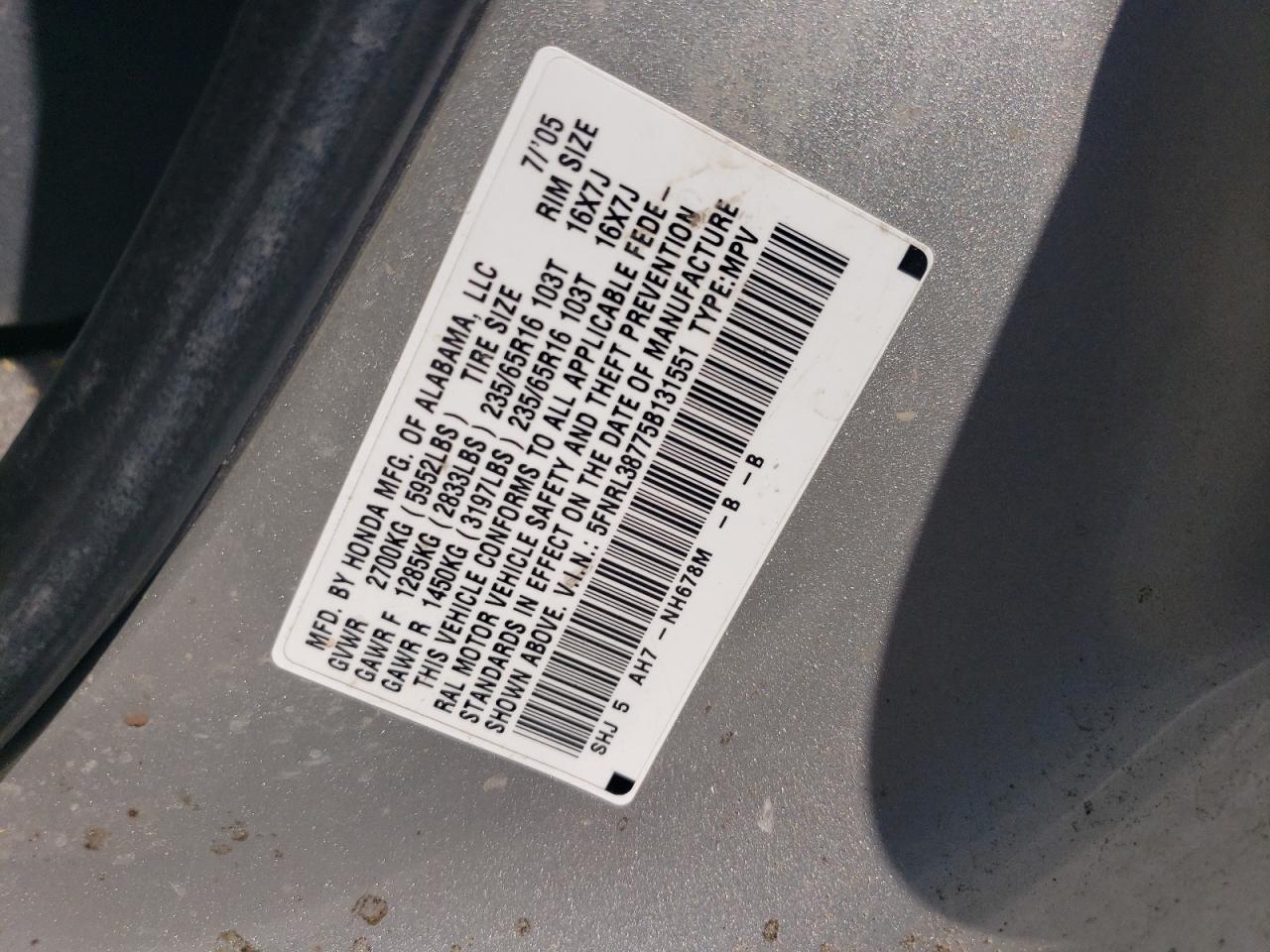 5FNRL38775B131551 2005 Honda Odyssey Exl